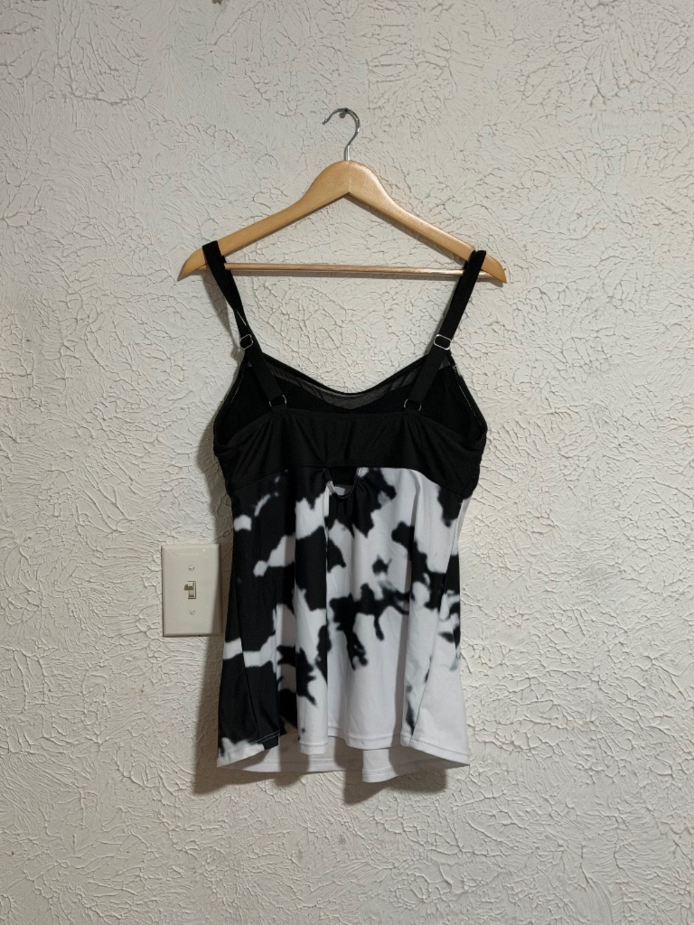 Black White Floral Tankini Swim Top Adjustable Straps Large